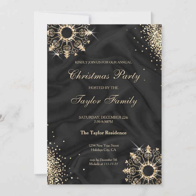 Modern Black Winter Gold Snow Weihnachten Party Einladung (Vorderseite)
