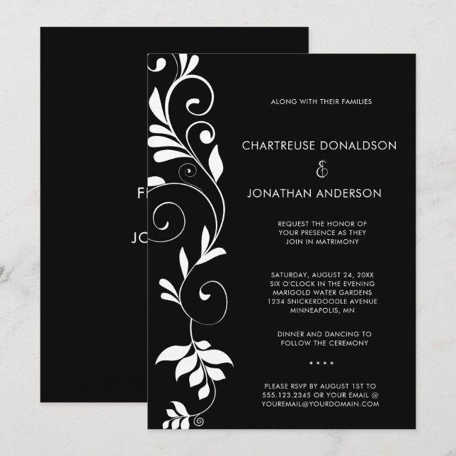 Modern Black with White Botanical Vines Wedding | Ankündigung (Vorne/Hinten)
