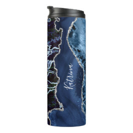 Modern Blau und Silver Agate Marble Thermosbecher