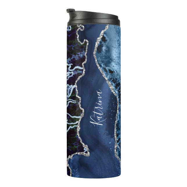 Modern Blau und Silver Agate Marble Thermosbecher (Nach rechts gedreht)