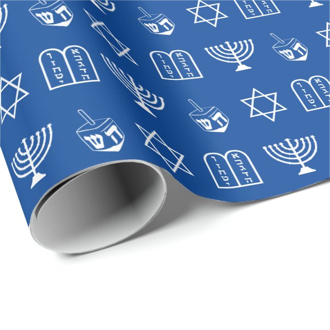Modern blauer jüdischer Ikonen Muster Hanukkah Geschenkpapier (Rolleneckpunkt)