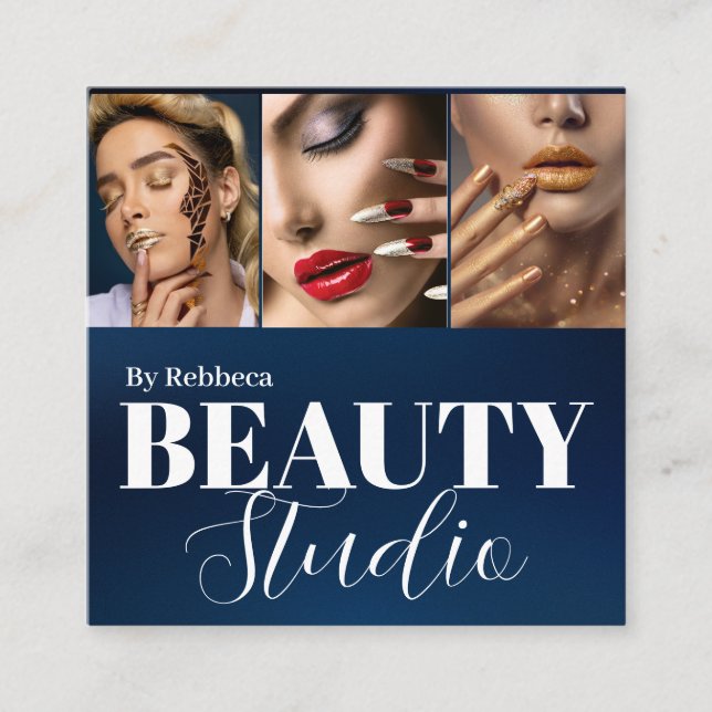 Modern blauer Stylist Signatur 3 Foto Quadratische Visitenkarte (Vorderseite)