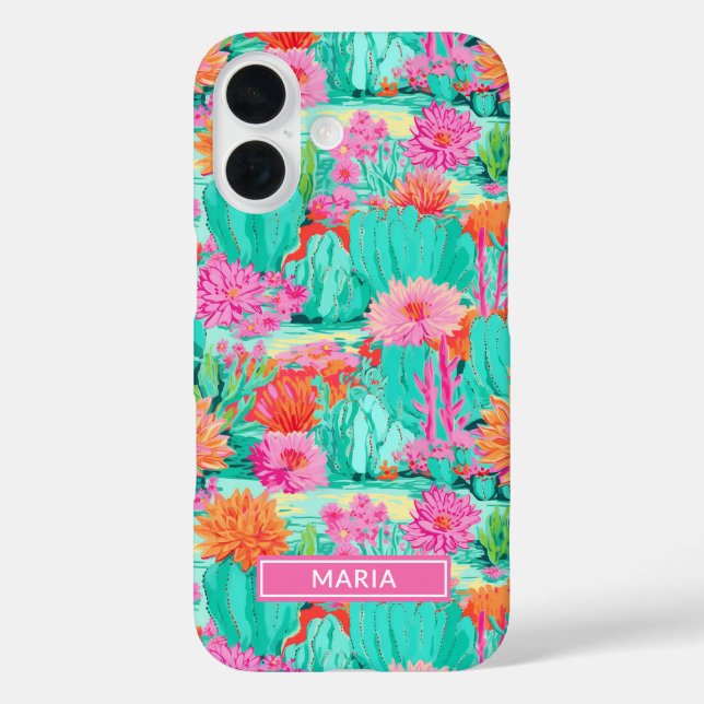 Modern Blooming Cacti Personalized iPhone 16 Hülle (Rückseite)