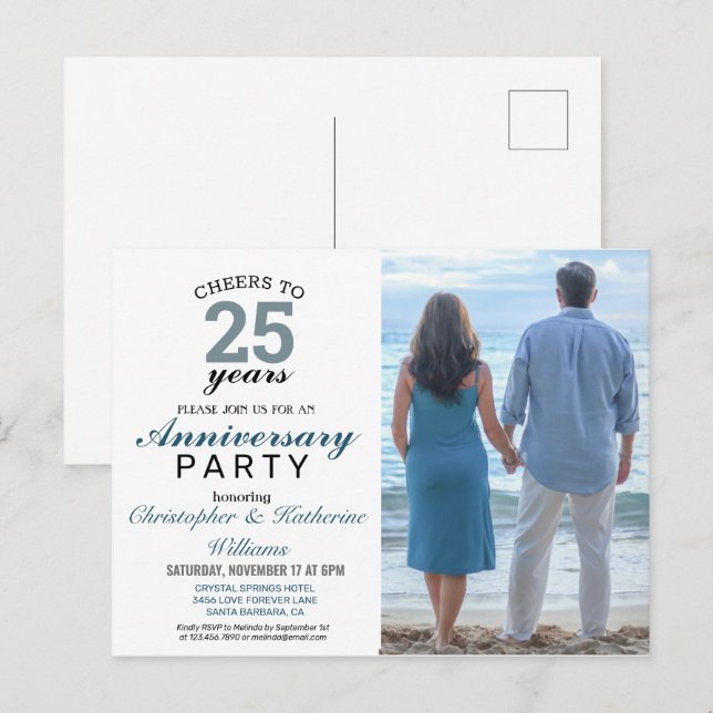 Modern Blue 25. Silver Wedding Jubiläum Einladung Postkarte (Vorne/Hinten)
