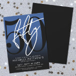 Modern Blue 50. Geburtstagsparty Einladung<br><div class="desc">Feiern Sie 50 Jahre im Stil mit dieser modernen grauen bis schwarzen Gradienten 50. Geburtstagsfeier Einladung. Das Design zeichnet sich durch eine große schwarze "50" über die meisten Karten aus, die mit einem handgeschriebenen, weißen "50"-Drehbuch überlagert ist, um einen kühlen, zeitgenössischen Look zu erhalten. Die Details des Party liegen ganz...</div>