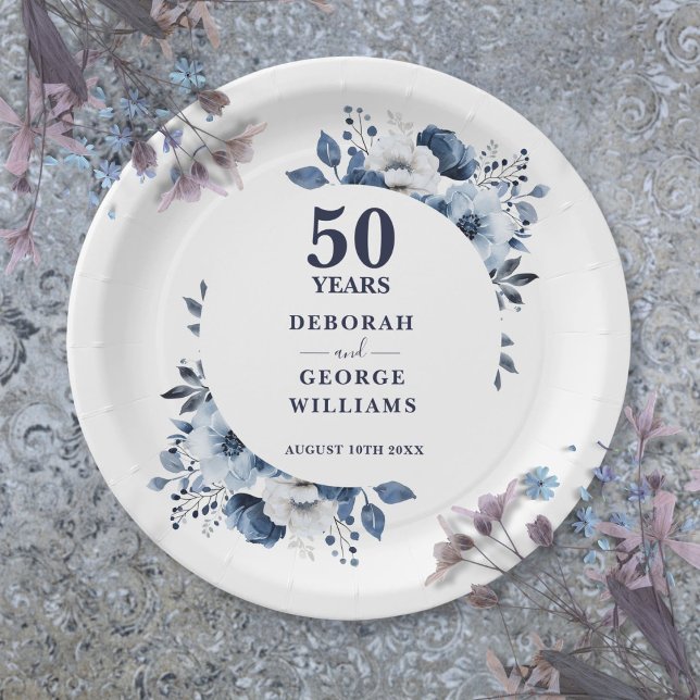 Modern Blue 50th Wedding Jubiläumsgrün Pappteller (Modern Blue 50th Wedding Anniversary Greenery Paper Plates)