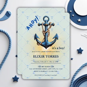 Modern Blue Ahoy! Anchor Nautical Baby Dusche Einladung