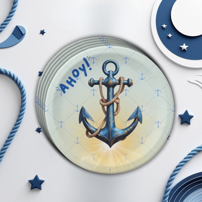 Modern Blue Ahoy! Anchor Nautical Baby Dusche Pappteller (Von Creator hochgeladen)