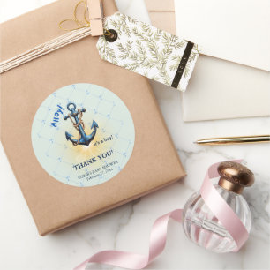 Modern Blue Ahoy! Anchor Nautical Baby Dusche Runder Aufkleber