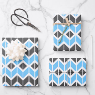 Modern Blue and Dark Gray Herringbone Geometric Geschenkpapier Set