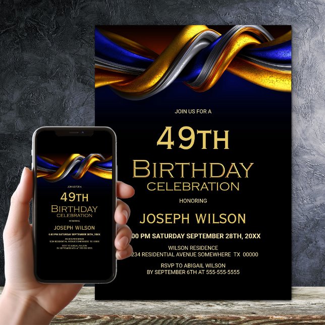Modern Blue and Gold Any Age Birthday Party Einladung (Von Creator hochgeladen)
