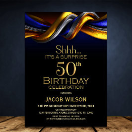 Modern Blue and Gold Surprise 50th Birthday Party Einladung