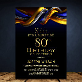 Modern Blue and Gold Surprise 80th Birthday Party Einladung