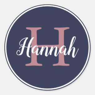 Modern Blue and Pink Script Monogram Name Runder Aufkleber