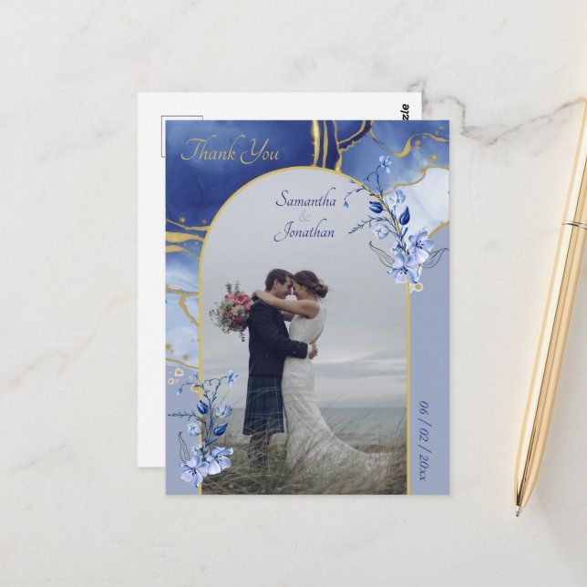 Modern Blue Aqua Marble Wedding Vielen Dank Postkarte (Vorderseite/Rückseite Beispiel)