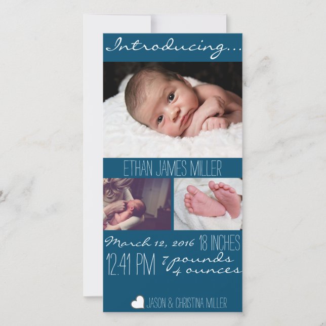 Modern Blue Baby Birth Announcement Foto Card Ankündigung (Vorderseite)