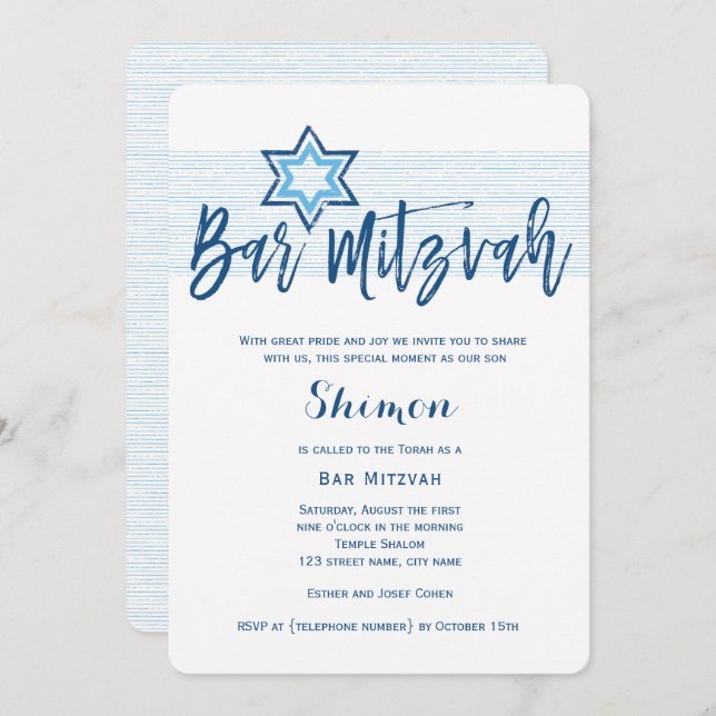 Modern Blue Barre Mitzvah Invitation (Devant / Derrière)