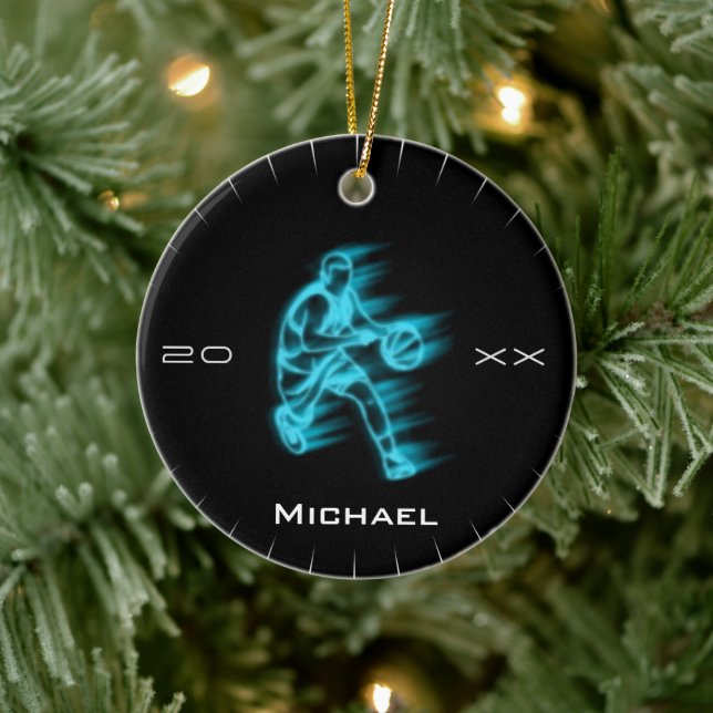 Modern Blue Basketball Ghost Player Name & Jahr Keramik Ornament (Baum)