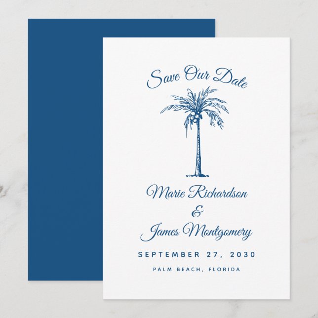 Modern Blue Beach Wedding Save the Date (Vorne/Hinten)