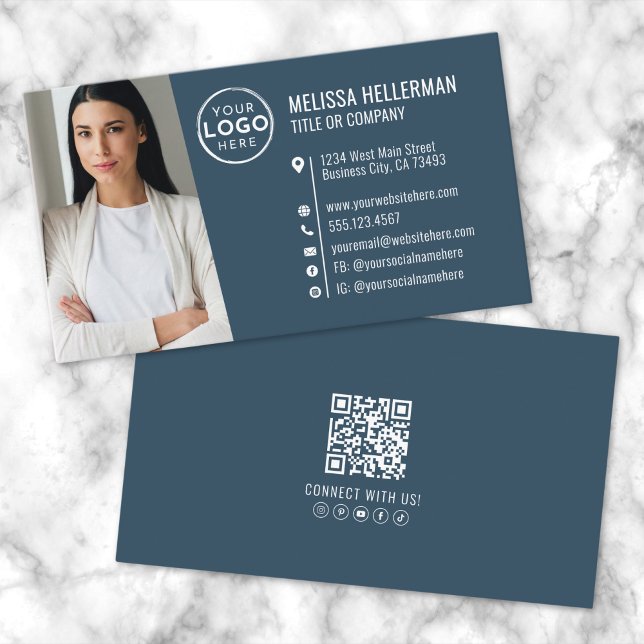 Modern Blue Beruflich QR Code Foto Logo Visitenkarte (Modern Blue Professional QR Code Photo Logo Business Card)