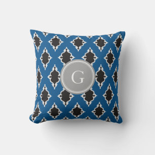 Modern Blue Black Ikat Tribal Muster Monogramm Kissen