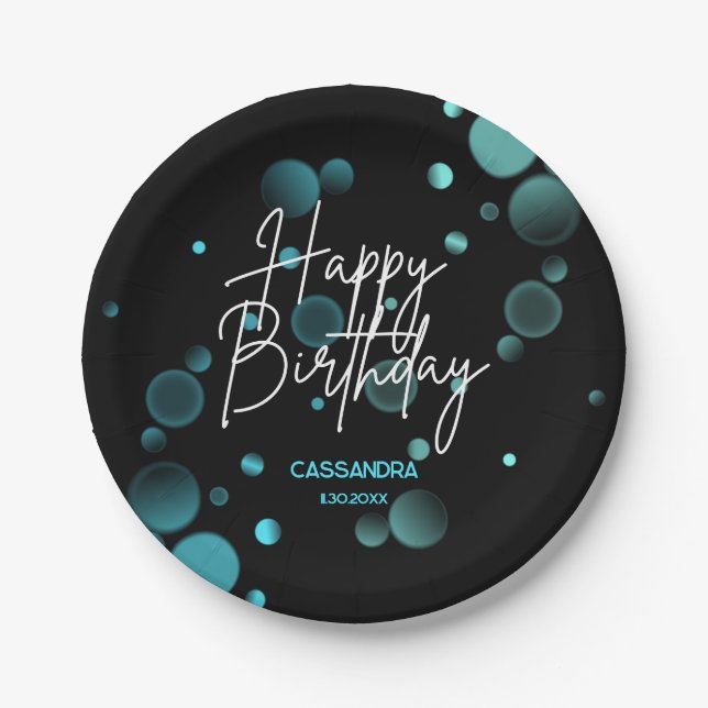 Modern Blue Bokeh Gradient Black Happy Birthday Pappteller (Vorderseite)
