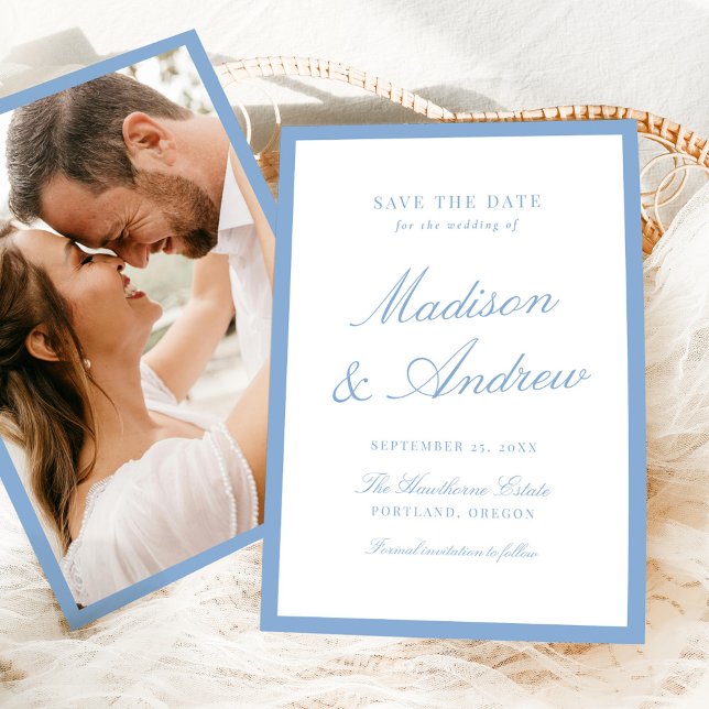 Modern Blue Border Photo Wedding Save The Date (Von Creator hochgeladen)