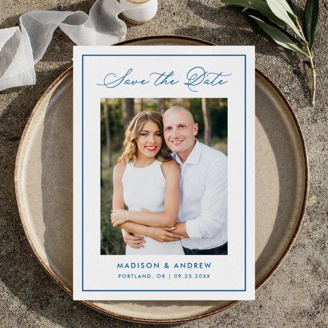Modern Blue Border Script Photo Wedding Save The Date (Von Creator hochgeladen)
