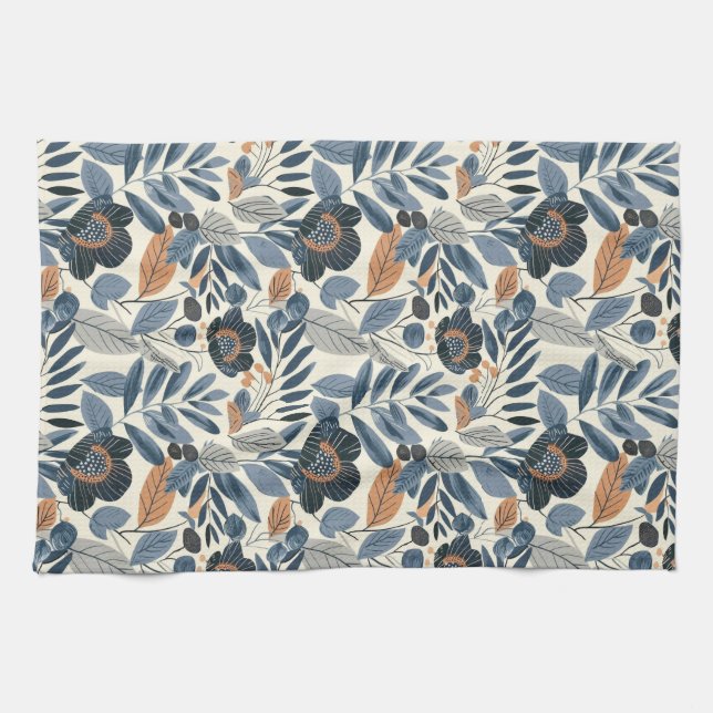 Modern Blue Botanical Spring Floral Kitchen Towels Geschirrtuch (Horizontal)