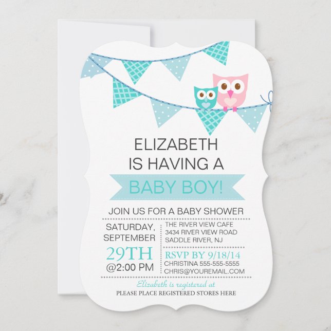 Modern Blue Bunting Pennant Owl Boy Baby Show Einladung (Vorderseite)