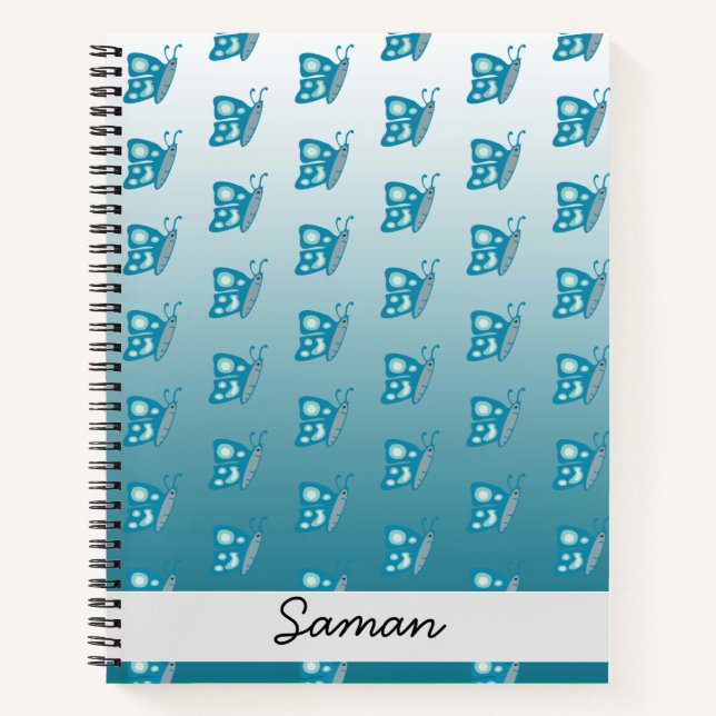 Modern Blue Butterfly Pattern Notizbuch (Vorderseite)