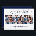 Modern Blue Calligraphy Script Hanukkah 3 Foto Feiertagskarte<br><div class="desc">Modern Trendy Calligraphy Script 3 Foto Family Foto Collage Happy Hanukkah Card - Navy Blue</div>