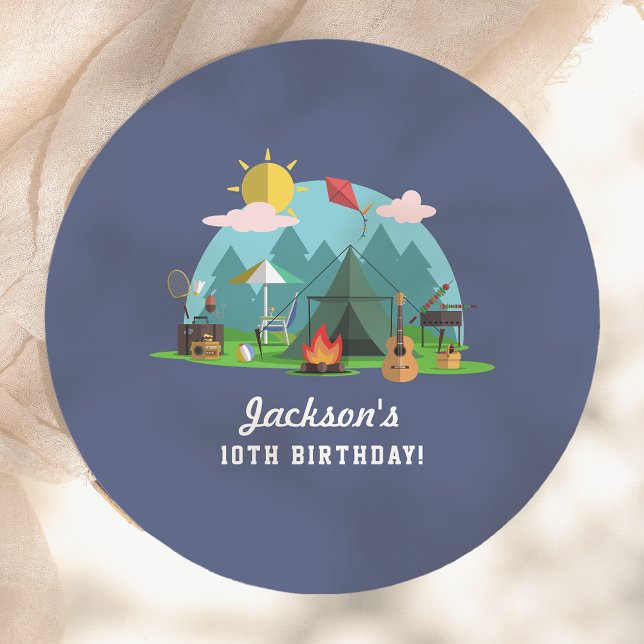 Modern Blue Camping Birthday Party Pappteller (Von Creator hochgeladen)