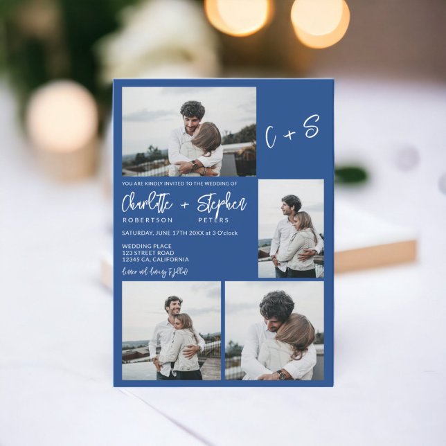Modern blue casual initials 5 photos wedding einladung (Modern blue casual initials 5 photos wedding invitation)