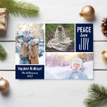 Modern Blue Christmas Peace Liebe Joto Foto Collag Feiertagskarte<br><div class="desc">Diese moderne "Happiest Holidays"-Karte verfügt über 3 Fotos, die Wörter "Peace Liebe Joy" und auf der Vorder- und Rückseite einen maßgeschneiderten Text. Sie können die Hintergrundfarbe ganz einfach an Ihre Urlaubsstipps anpassen - klicken Sie einfach auf das gewünschte Foto und dann auf den kleinen Augentropfen. Moderne und einfache, aber raffinierte...</div>