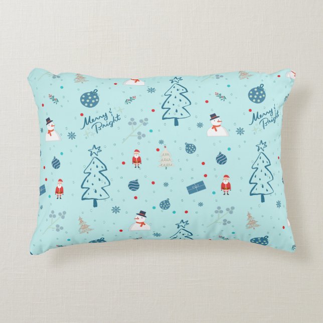 Modern Blue Christmas Pillow – Santa & Snowmen  Dekokissen (Vorderseite)