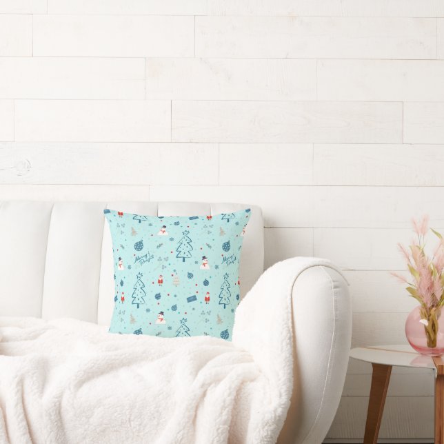 Modern Blue Christmas Pillow – Santa & Snowmen  Kissen (Liege)