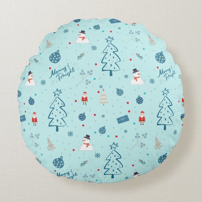 Modern Blue Christmas Pillow – Santa & Snowmen  Rundes Kissen (Vorderseite)