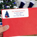 Modern Blue Christmas Tree Red Santa Sack Name<br><div class="desc">Modern Blue Weihnachtsbaum Red Santa Sack Name & Rücksendeadresse Label.</div>