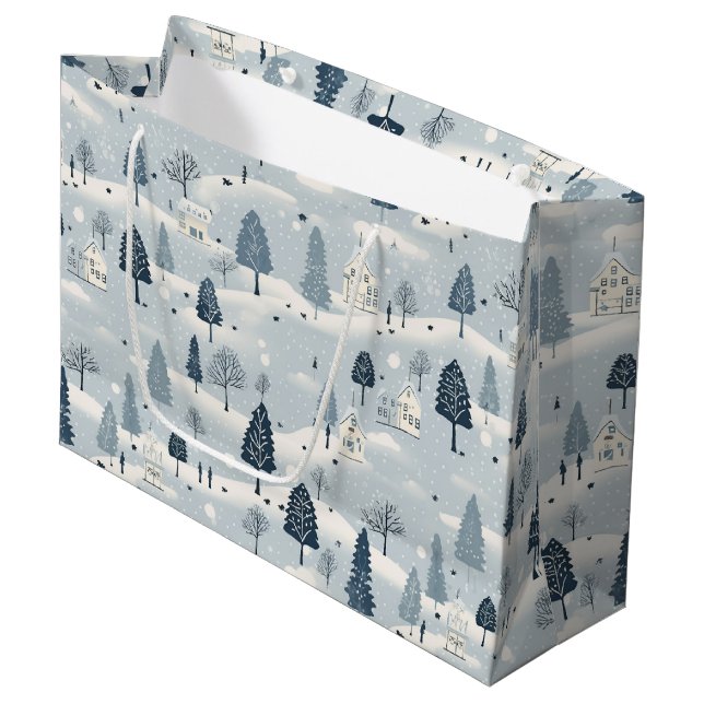 Modern Blue Christmas Village  Große Geschenktüte (Vorderseite Schrägansicht)