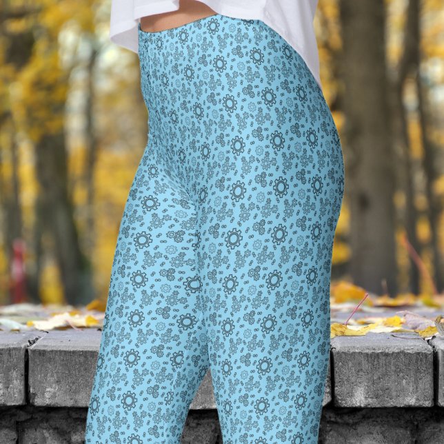 Modern Blue Cogs Pattern Leggings (Cogs on Baby Blue)