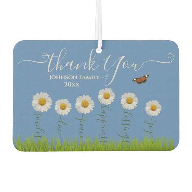 Modern Blue Daisy Floral Danke Typografie Autolufterfrischer (Vorderseite)