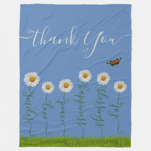 Modern Blue Daisy Floral Danke Typografie Fleecedecke