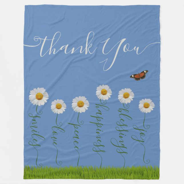 Modern Blue Daisy Floral Danke Typografie Fleecedecke (Vorderseite)