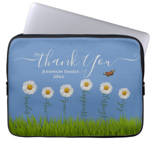 Modern Blue Daisy Floral Danke Typografie Laptopschutzhülle
