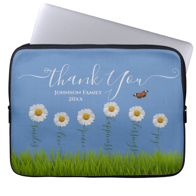 Modern Blue Daisy Floral Danke Typografie Laptopschutzhülle (Vorderseite)