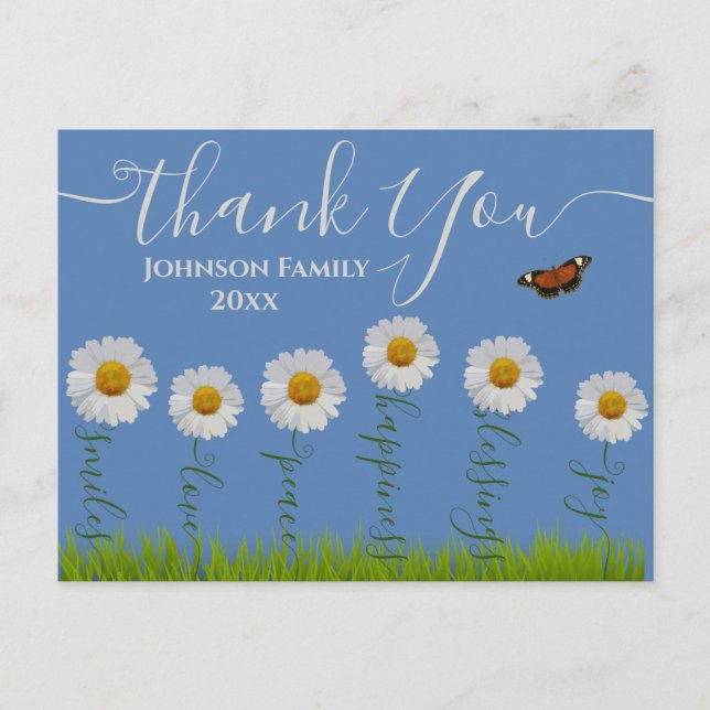 Modern Blue Daisy Floral Danke Typografie Postkarte (Vorderseite)