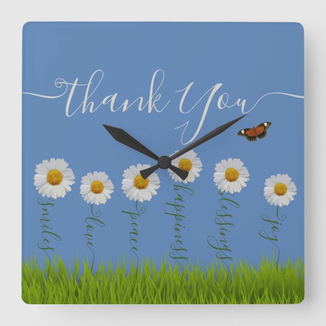 Modern Blue Daisy Floral Danke Typografie Quadratische Wanduhr (Vorderseite)