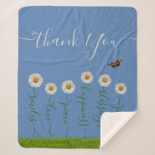 Modern Blue Daisy Floral Danke Typografie Sherpadecke