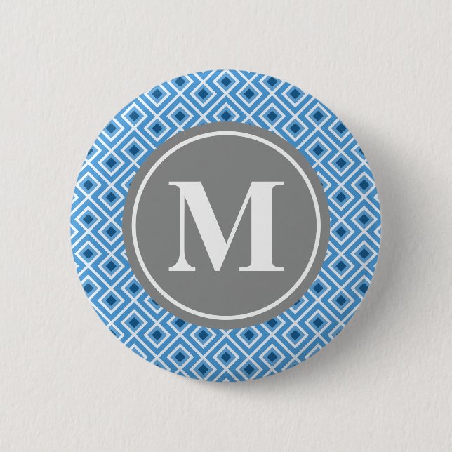 Modern Blue Diamond Graphic Pattern Monogram Button (Vorderseite)
